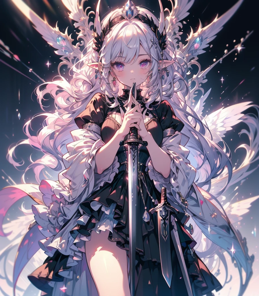 (masterpiece,Highest quality, Very detailed, beautiful, Exquisite, 16K, Full HD),((Whole body)), ((Dark Gothic Castle Background)),((seriously,Murderous Intent:1.5)),(Pale-white flame magic),((Frills, Rhinestones and Silver,Black fluffy layered ball gown)),((Holding a sword:1.5)),(Black tiara,Black choker,Black Earrings,Black shoes,),(Silver Medium Hair,Hair blowing in the wind, Fluffy hair),(White skin,Lavender eyes, Long eyelashes, Big eyes,Pale pink cheeks, Pointed Ears), (Tabletop, Art Station, Fantasy art:1.2),