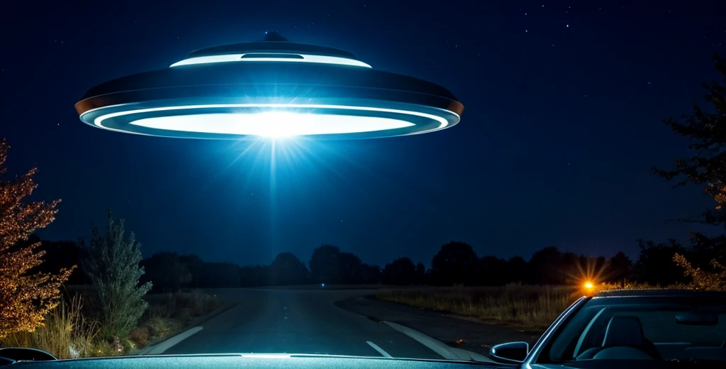 UFO shining bright light down on car, nighttime, suburban neighborhood 