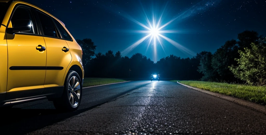 UFO shining bright light down on car, nighttime, suburban neighborhood