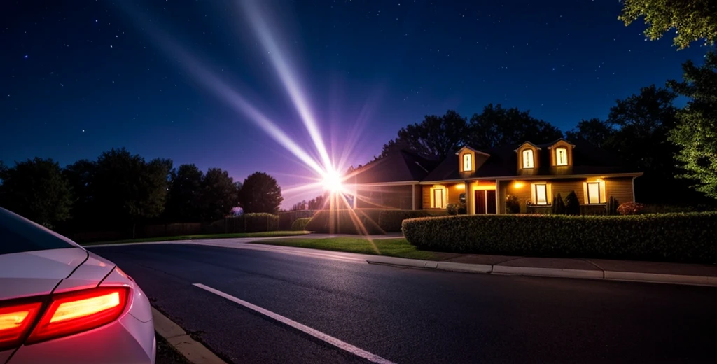 UFO shining bright light down on car, nighttime, suburban neighborhood