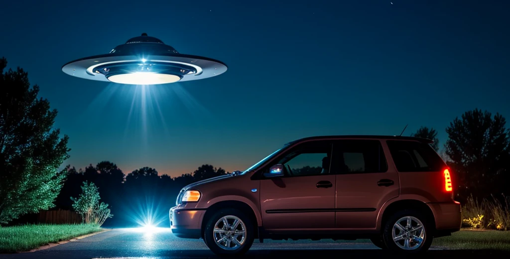 UFO shining bright light down on car, nighttime, suburban neighborhood