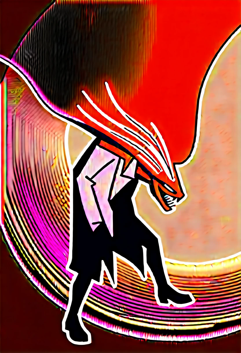 create a picture of an anthropomorphic dragon with red scales and bright red eyes and black horns and messy black hair, make him wearing black jeans and an open black coat and black boots, make his outfit tattered, make his wings look damaged, make him look menacing, make it in an anime style, make the coat tattered and torn, make his eyes glow red, make him roaring, make him look scary