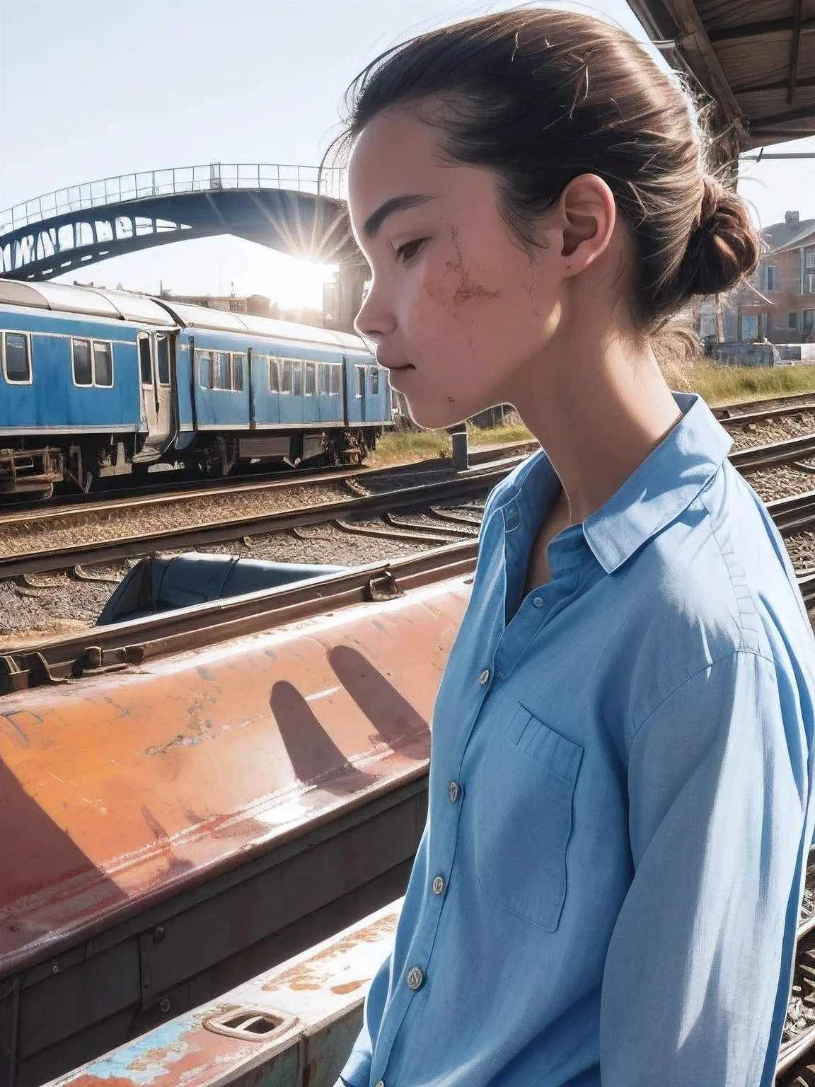 masterpiece, best quality, 2girls, (closeup), 18yo teen, slim, small breast, side view, tired, dirty face, blue shirt, sun rays, train station, boat in the sea, blue, blue sky, sunny, watercolor, analog, (unbuttoned shirt:1.5), ((topless:))