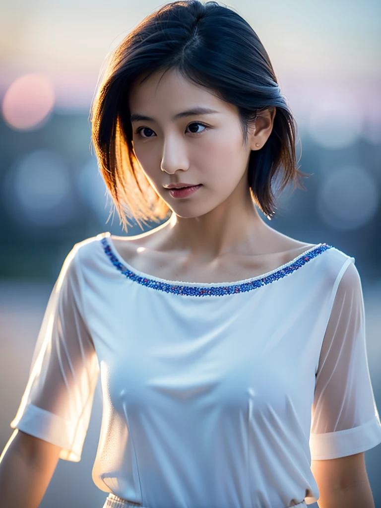 ((Highest quality)), ((masterpiece)), (detailed), Ultra cinematic, Blue hour, Ultimate ultra Photorealistic, ultimate high-quality 32k Leica M5 photo, A cowboy shot photo,  a42yo ultimate beautiful & elegant Motherhood Japanese actress,  looking at viewer, very embarrassed, much blush:1.9, 168cm,65kg,She has a very intelligent and ultimate exquisite beautiful Japanese face&black eyes, pointy nose, ultra detailed face, ultimate exquisite nice-proportioned body and Décolletage and hips , black elegant&cute  short  bob:1.9, a simple very just fit summer no sleeve white plain running soaked shirts and  white running short pants