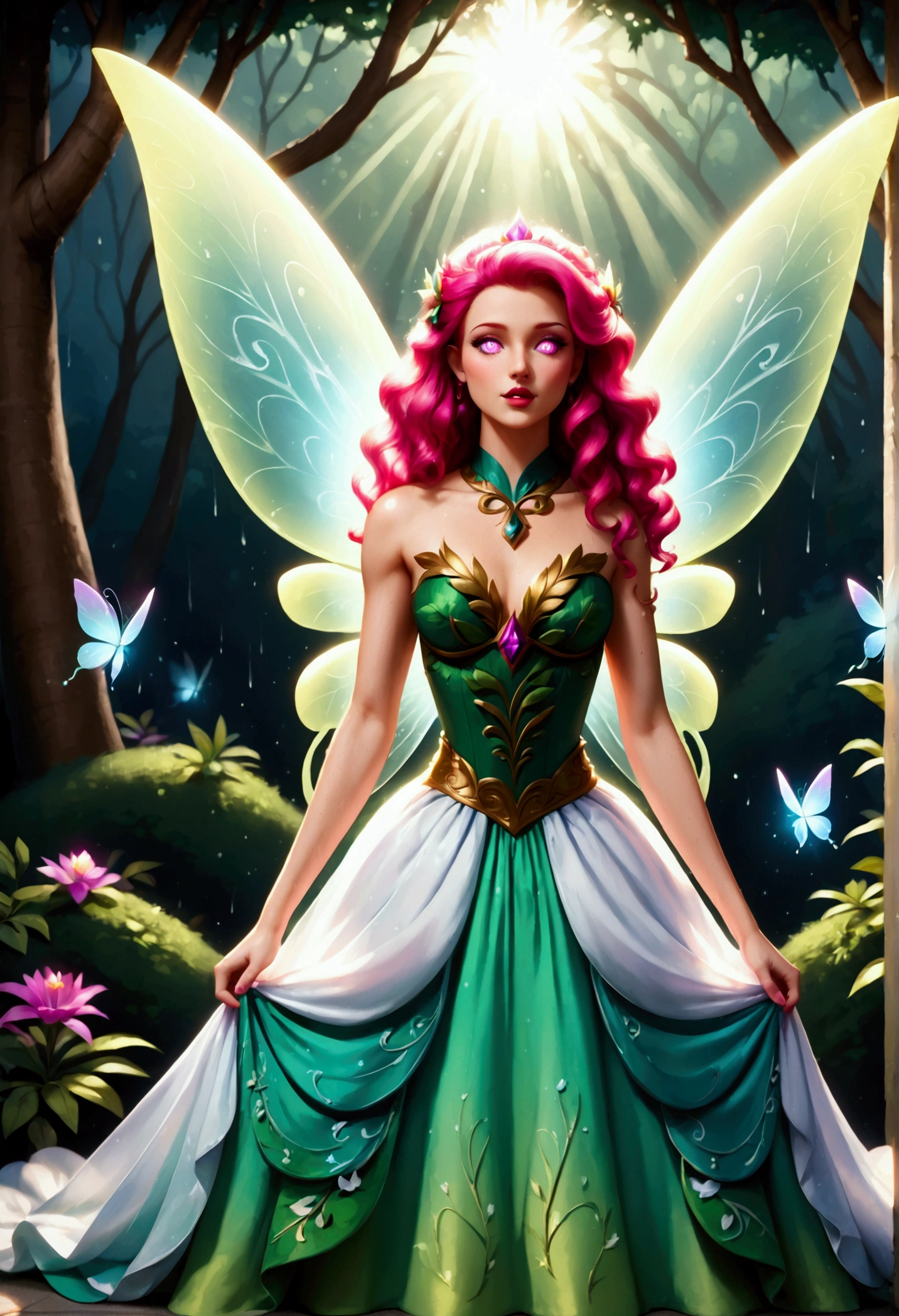 a picture of a jungle fairy, an extraordinary beautiful, elegant beauty, divine beautiful fairy, ((anatomically correct: 1.5)) spread butterfly wings, blue and purple wings, pink eyes, glowing eyes, (ultra detailed face: 1.2), best detailed face,  blond hair, rich hair, wavy hair, glamour dress, wild dress, dress decorated with jungle flowers,  sitting on massive heliconia tree the rain forest, sun rays coming through the trees, Hyperrealism style, vibrant, Ultra-high resolution, High Contrast, (masterpiece:1.5), highest quality, Best aesthetics), best details, best quality, highres, ultra wide angle, 16k, [ultra detailed], masterpiece, best quality, (extremely detailed) RAW, chumbasket art style, FairyTaleAI, fairy wings, 