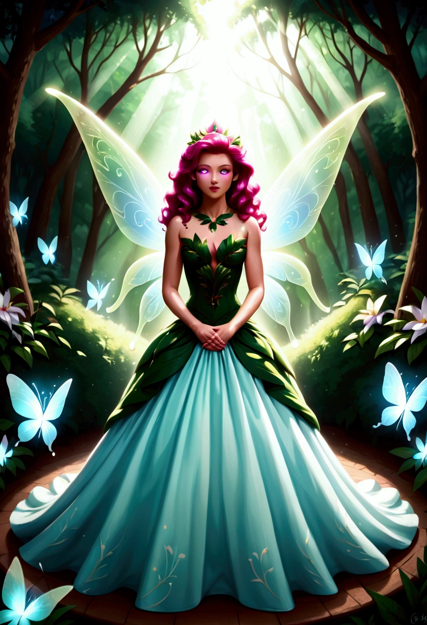 a picture of a jungle fairy, an extraordinary beautiful, elegant beauty, divine beautiful fairy, ((anatomically correct: 1.5)) spread butterfly wings, blue and purple wings, pink eyes, glowing eyes, (ultra detailed face: 1.2), best detailed face,  blond hair, rich hair, wavy hair, glamour dress, wild dress, dress decorated with jungle flowers,  sitting on massive heliconia tree the rain forest, sun rays coming through the trees, Hyperrealism style, vibrant, Ultra-high resolution, High Contrast, (masterpiece:1.5), highest quality, Best aesthetics), best details, best quality, highres, ultra wide angle, 16k, [ultra detailed], masterpiece, best quality, (extremely detailed) RAW, chumbasket art style, FairyTaleAI, fairy wings, 