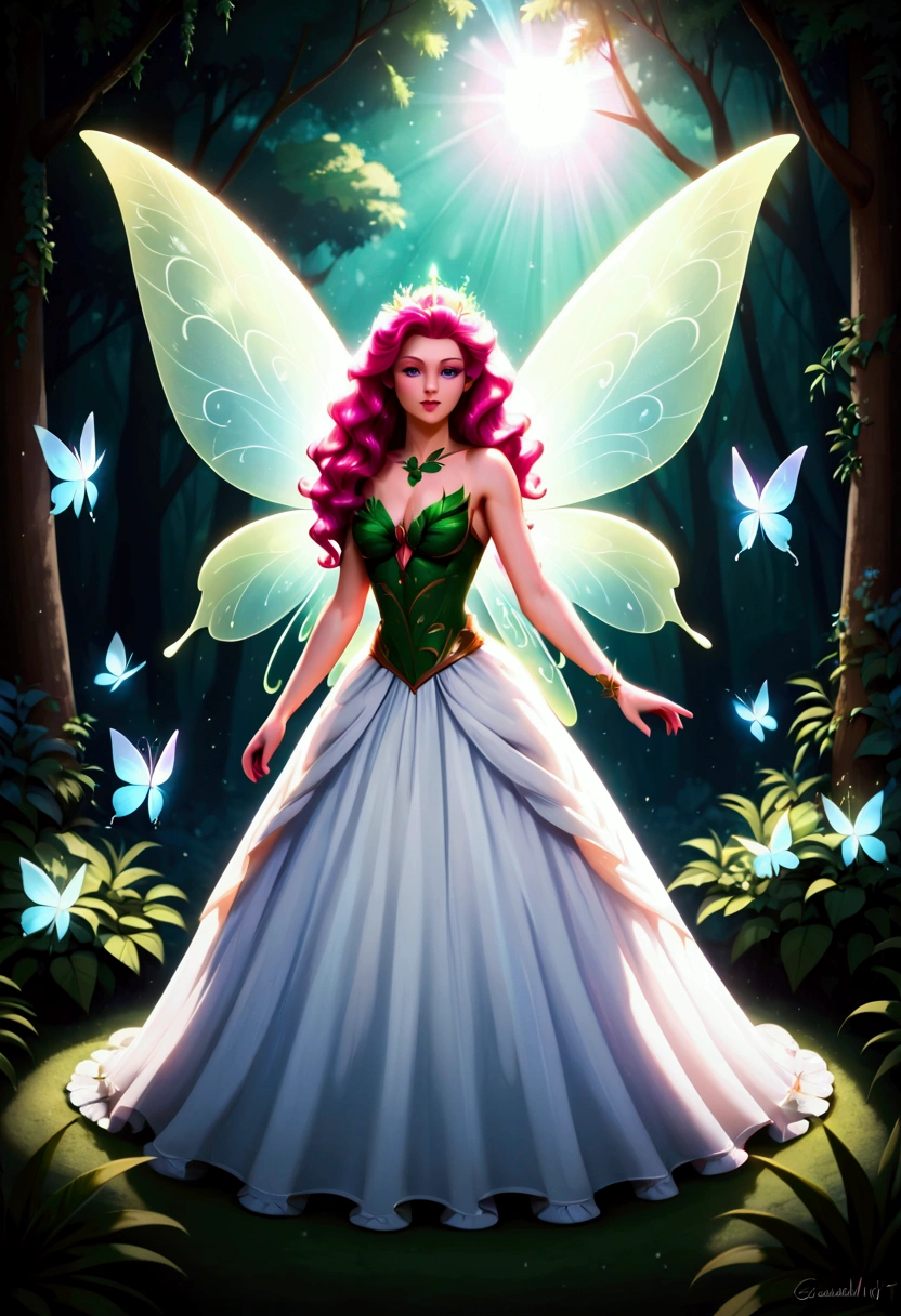 a picture of a jungle fairy, an extraordinary beautiful, elegant beauty, divine beautiful fairy, ((anatomically correct: 1.5)) spread butterfly wings, blue and purple wings, pink eyes, glowing eyes, (ultra detailed face: 1.2), best detailed face,  blond hair, rich hair, wavy hair, glamour dress, wild dress, dress decorated with jungle flowers,  sitting on massive heliconia tree the rain forest, sun rays coming through the trees, Hyperrealism style, vibrant, Ultra-high resolution, High Contrast, (masterpiece:1.5), highest quality, Best aesthetics), best details, best quality, highres, ultra wide angle, 16k, [ultra detailed], masterpiece, best quality, (extremely detailed) RAW, chumbasket art style, FairyTaleAI, fairy wings, 