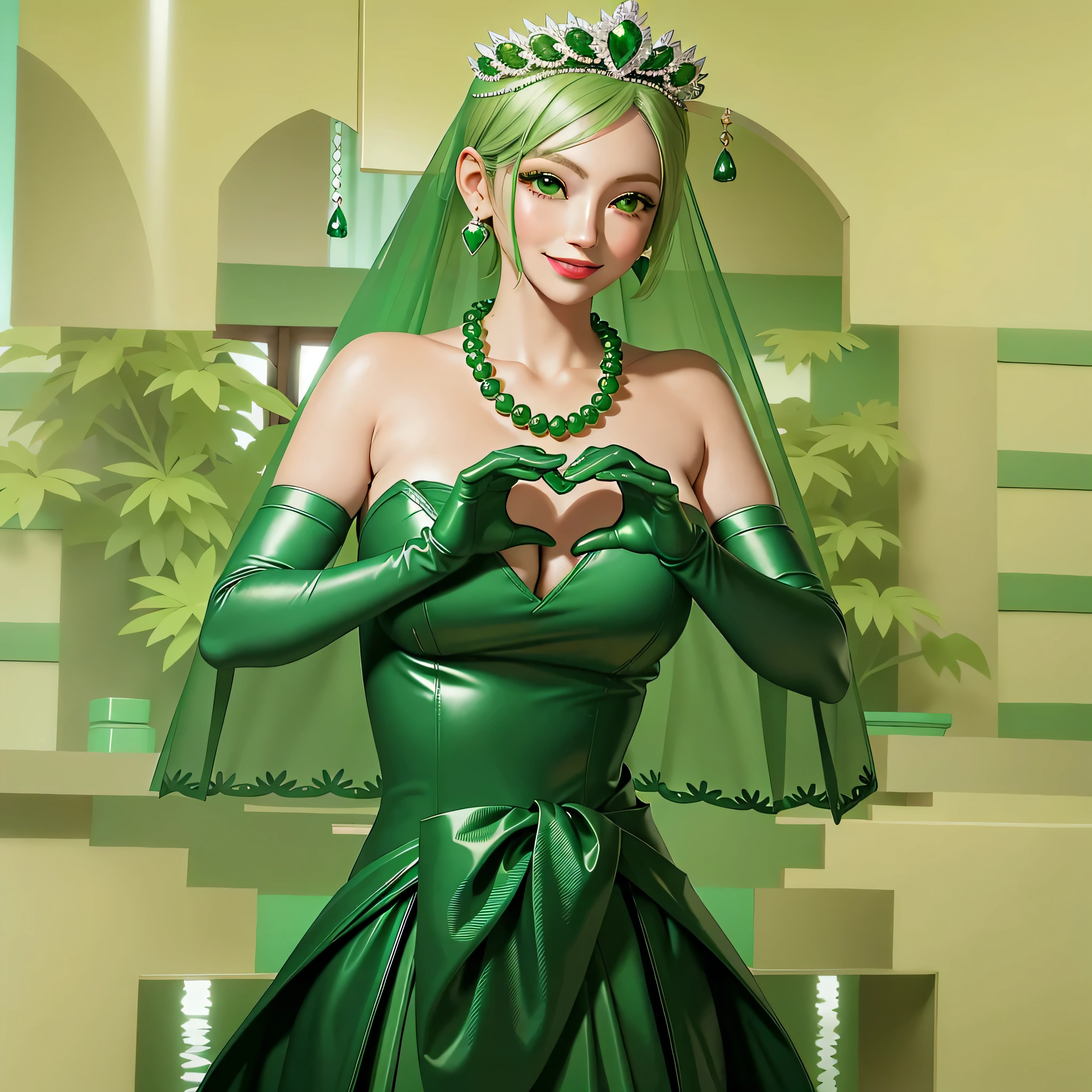 Emerald tiara, Green Pearl Necklace, Boyish very short green hair, Green Lips, Smiling Japanese woman, Very short hair, Busty beautiful lady, Green Eyes, Green satin long gloves, Green Eyes, Emerald Earrings, Green veil, Heart with both hands, Green Hair, Beautiful Japanese Women, Heart shaped hands:1.3, green lip gloss