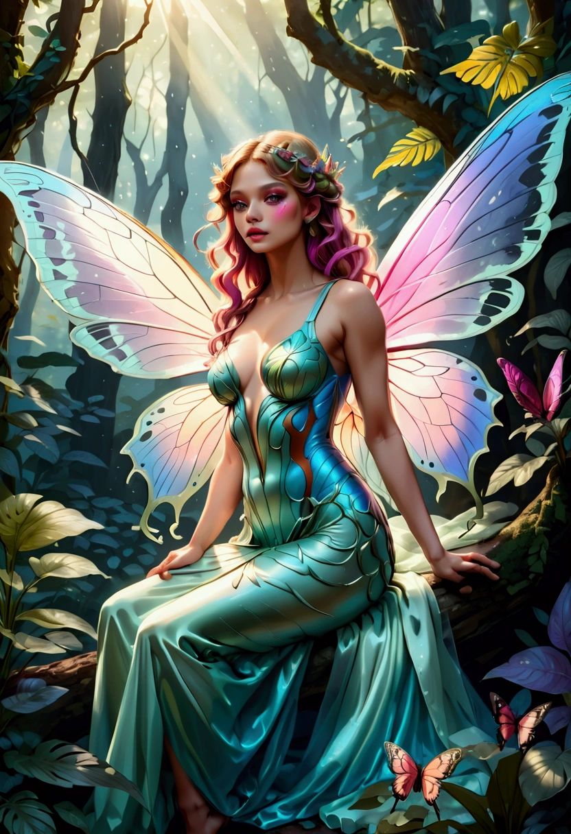 a picture of a jungle fairy, an extraordinary beautiful, elegant beauty, divine beautiful fairy, ((anatomically correct: 1.5)) spread butterfly wings, blue and purple wings, pink eyes, glowing eyes, (ultra detailed face: 1.2), best detailed face,  blond hair, rich hair, wavy hair, glamour dress, wild dress, dress decorated with jungle flowers,  sitting on massive heliconia tree the rain forest, sun rays coming through the trees, Hyperrealism style, vibrant, Ultra-high resolution, High Contrast, (masterpiece:1.5), highest quality, Best aesthetics), best details, best quality, highres, ultra wide angle, 16k, [ultra detailed], masterpiece, best quality, (extremely detailed) RAW, chumbasket art style, FairyTaleAI, fairy wings, 