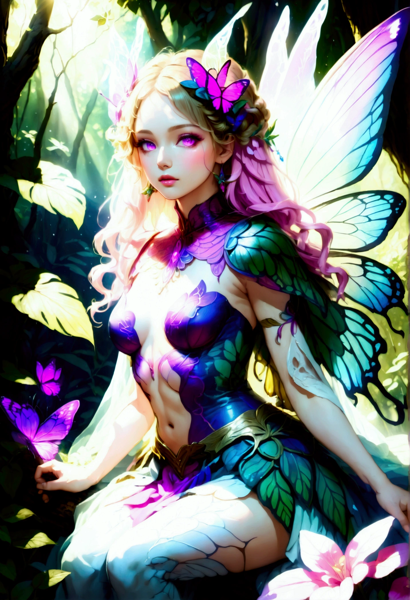 a picture of a jungle fairy, an extraordinary beautiful, elegant beauty, divine beautiful fairy, ((anatomically correct: 1.5)) spread butterfly wings, blue and purple wings, pink eyes, glowing eyes, (ultra detailed face: 1.2), best detailed face,  blond hair, rich hair, wavy hair, glamour dress, wild dress, dress decorated with jungle flowers,  sitting on massive heliconia tree the rain forest, sun rays coming through the trees, Hyperrealism style, vibrant, Ultra-high resolution, High Contrast, (masterpiece:1.5), highest quality, Best aesthetics), best details, best quality, highres, ultra wide angle, 16k, [ultra detailed], masterpiece, best quality, (extremely detailed) RAW, chumbasket art style, FairyTaleAI, fairy wings, 