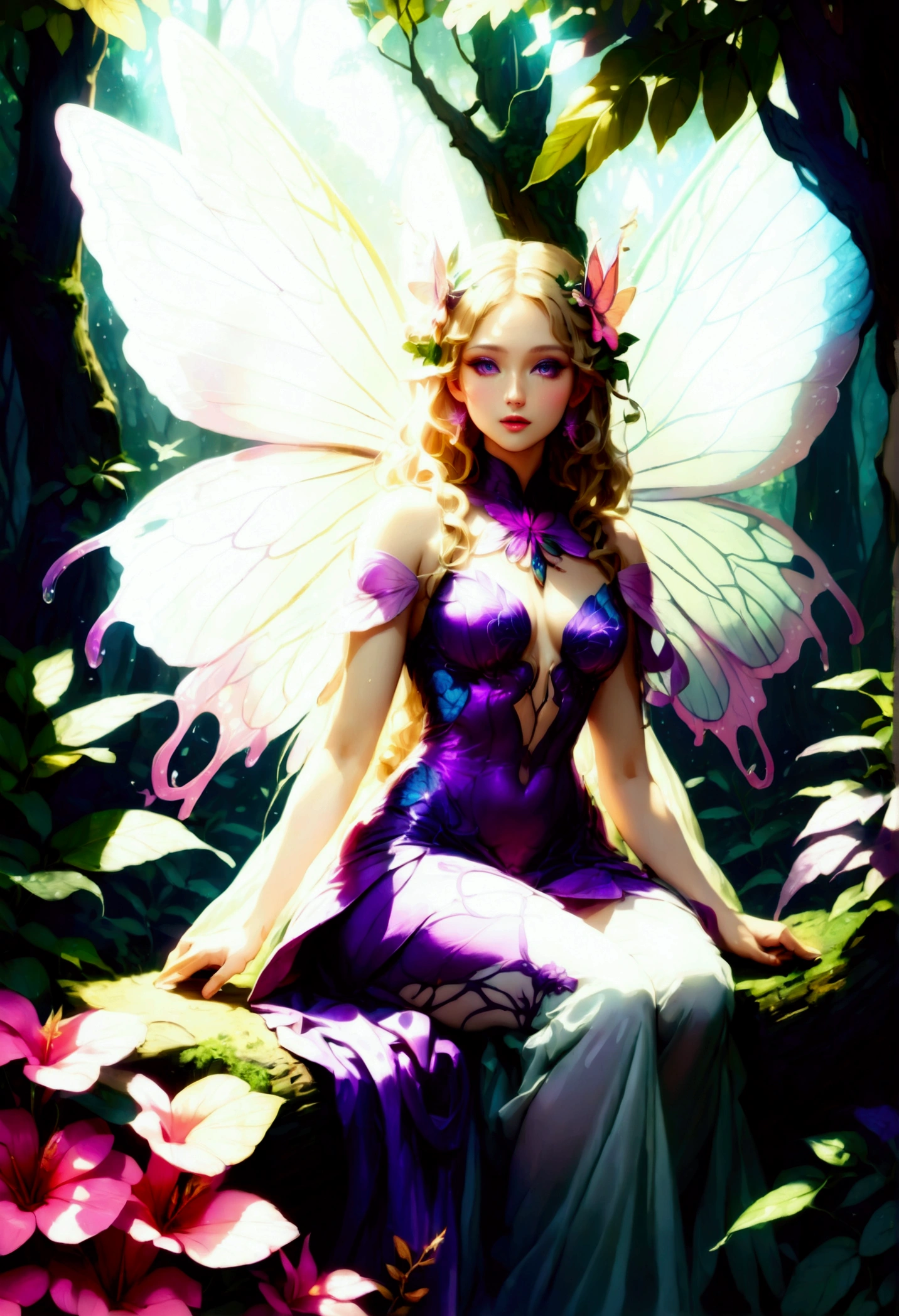 a picture of a jungle fairy, an extraordinary beautiful, elegant beauty, divine beautiful fairy, ((anatomically correct: 1.5)) spread butterfly wings, blue and purple wings, pink eyes, glowing eyes, (ultra detailed face: 1.2), best detailed face,  blond hair, rich hair, wavy hair, glamour dress, wild dress, dress decorated with jungle flowers,  sitting on massive heliconia tree the rain forest, sun rays coming through the trees, Hyperrealism style, vibrant, Ultra-high resolution, High Contrast, (masterpiece:1.5), highest quality, Best aesthetics), best details, best quality, highres, ultra wide angle, 16k, [ultra detailed], masterpiece, best quality, (extremely detailed) RAW, chumbasket art style, FairyTaleAI, fairy wings, 