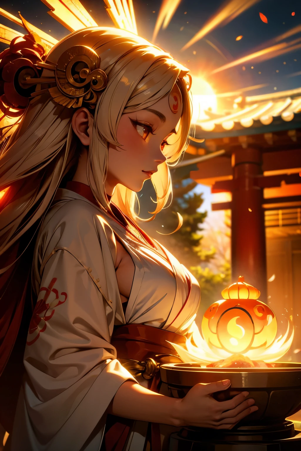Amaterasu，Upper body close-up。This is the figure of a shrine maiden.。The background is the glow of the sun。She is a charming goddess。resolution，8k、masterpiece