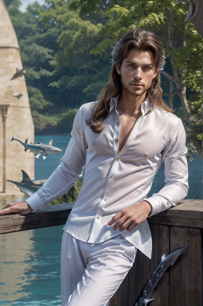 ((best quality)), ((masterpiece)), (detailed), ((shark prince)) , ((male)) , ,(( fairytale)), ((no sharks in the background)), ((fairytale background)), ((royal and clothes)), ((pointy ears)), ((long and luscious hairs)),, ((royal white shirt and dark bottoms))