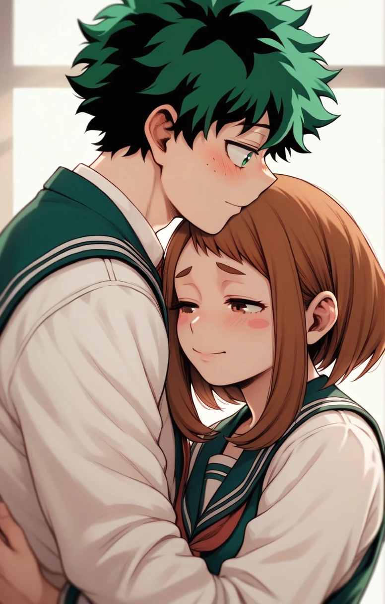 Izuku Midoriya andOchako Uraraka from My Hero Academia, cuddling together, anime style, soft lighting, tender moment, close-up view, green and blonde hair, school uniforms, blushing cheeks, gentle expressions, warm color palette