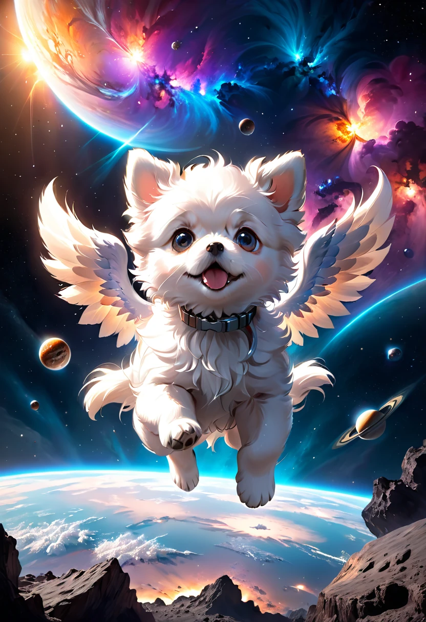 A cute fluffy puppy, ultra-detailed, (best quality,4k,8k,highres,masterpiece:1.2),ultra-detailed,(realistic,photorealistic,photo-realistic:1.37), highly detailed CG unified 8K wallpaper, flying in space, (space,cosmic,galaxy,nebula,stars:1.2), leaving its home planet, (flying,soaring,levitating:1.3), embarking on an adventure, (exploration,discovery,curiosity:1.2), soft fur, big eyes, adorable expression, cinematic lighting, dramatic atmosphere, vibrant colors, (cute,adorable,precious:1.4)