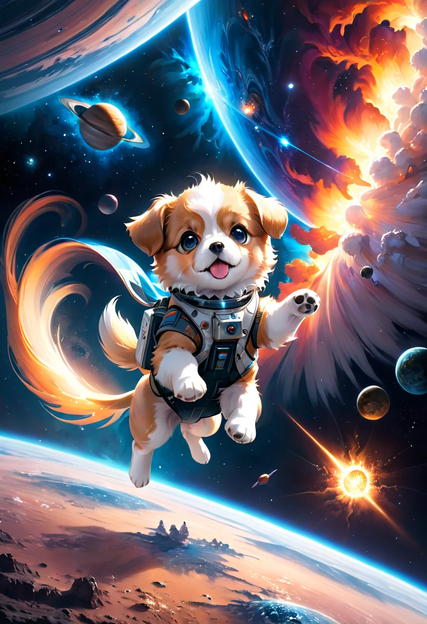 A cute fluffy puppy, ultra-detailed, (best quality,4k,8k,highres,masterpiece:1.2),ultra-detailed,(realistic,photorealistic,photo-realistic:1.37), highly detailed CG unified 8K wallpaper, flying in space, (space,cosmic,galaxy,nebula,stars:1.2), leaving its home planet, (flying,soaring,levitating:1.3), embarking on an adventure, (exploration,discovery,curiosity:1.2), soft fur, big eyes, adorable expression, cinematic lighting, dramatic atmosphere, vibrant colors, (cute,adorable,precious:1.4)