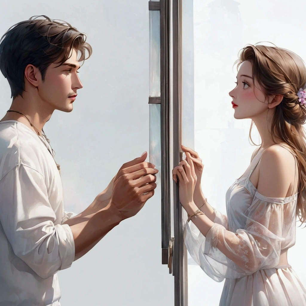 A realistic painting of a man and woman kissing while being watched through a window, Structure of the film, Trending on Art Station