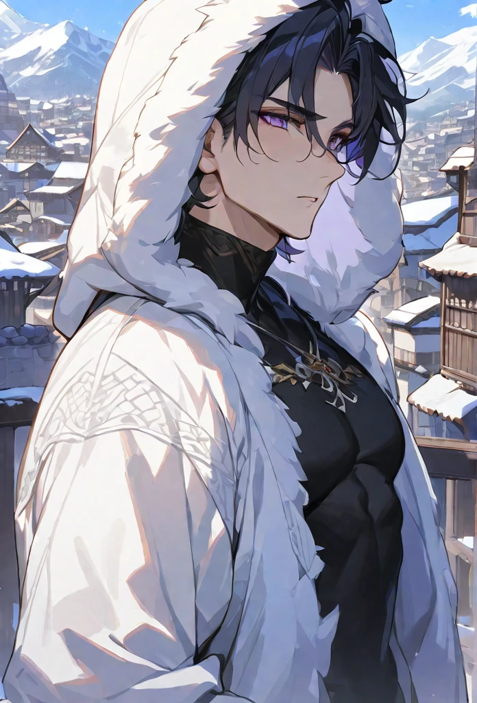 alone, 1 male, Short black hair, Purple eyes, Black Shirt,middle ages、A city with a snowy mountain in the background、Big tower in the center of town、white fur hood, Sniper、Masterpiece、Highest quality