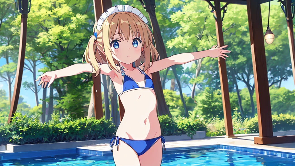 (masterpiece: 1.6, Best Quality), (fine beautiful eyes: 1.2), ph_rapid eye movement, remhd, 1 girl, For the blue, Alone, blue eyes, maid, Mar, Bay, light, tree, Ola, Raise your arms, Micro bikini, swimsuit