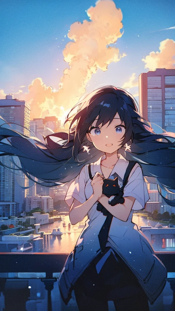 Buildings,sunset,Blue background,splash,Black haired girl with cat,Long Hair,