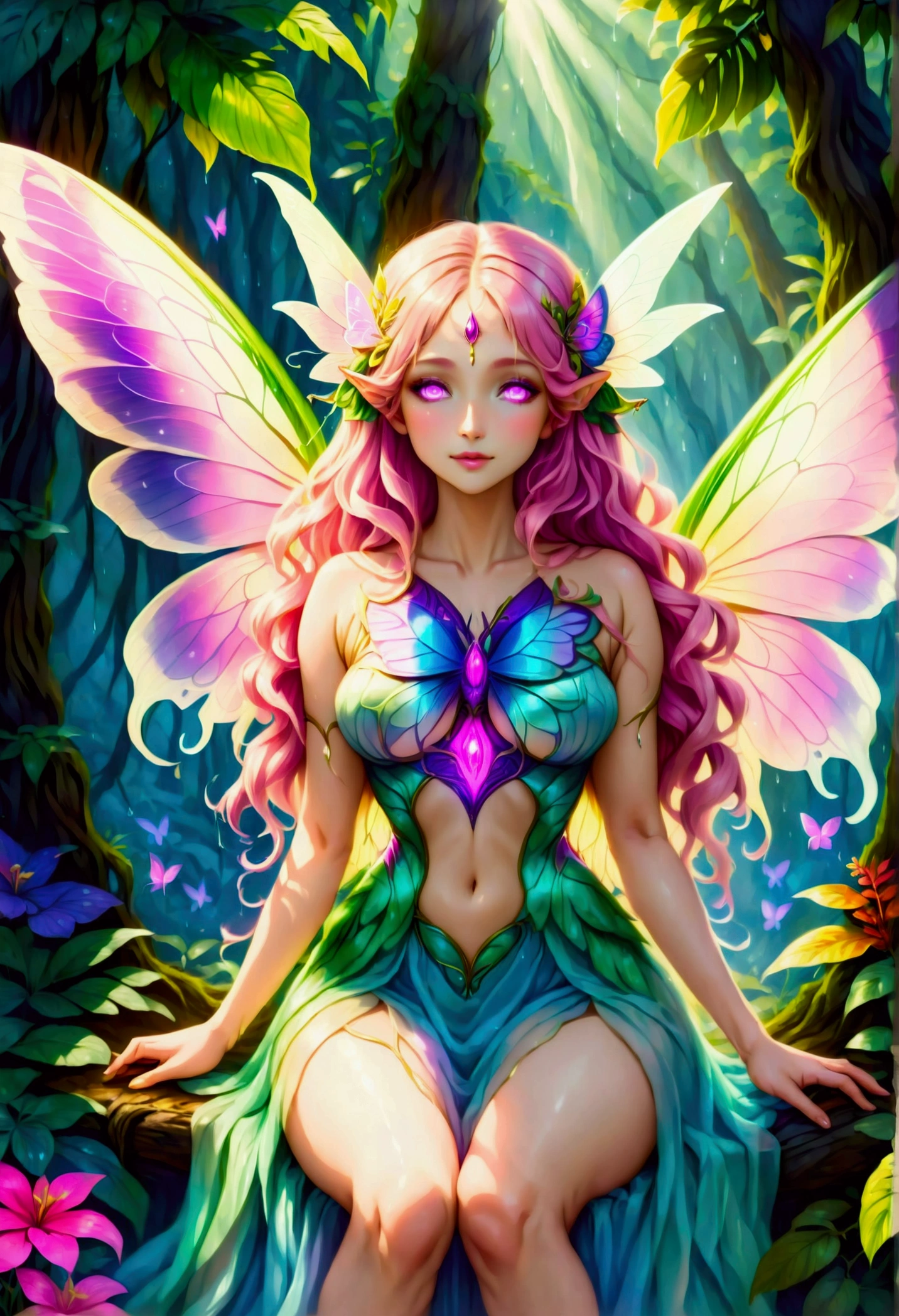 a picture of a jungle fairy, an extraordinary beautiful, elegant beauty, divine beautiful fairy, ((anatomically correct: 1.5)) spread butterfly wings, blue and purple wings, pink eyes, glowing eyes, (ultra detailed face: 1.2), best detailed face,  blond hair, rich hair, wavy hair, glamour dress, wild dress, dress decorated with jungle flowers,  sitting on massive heliconia tree the rain forest, sun rays coming through the trees, Hyperrealism style, vibrant, Ultra-high resolution, High Contrast, (masterpiece:1.5), highest quality, Best aesthetics), best details, best quality, highres, ultra wide angle, 16k, [ultra detailed], masterpiece, best quality, (extremely detailed) RAW, chumbasket art style, FairyTaleAI, fairy wings, 
