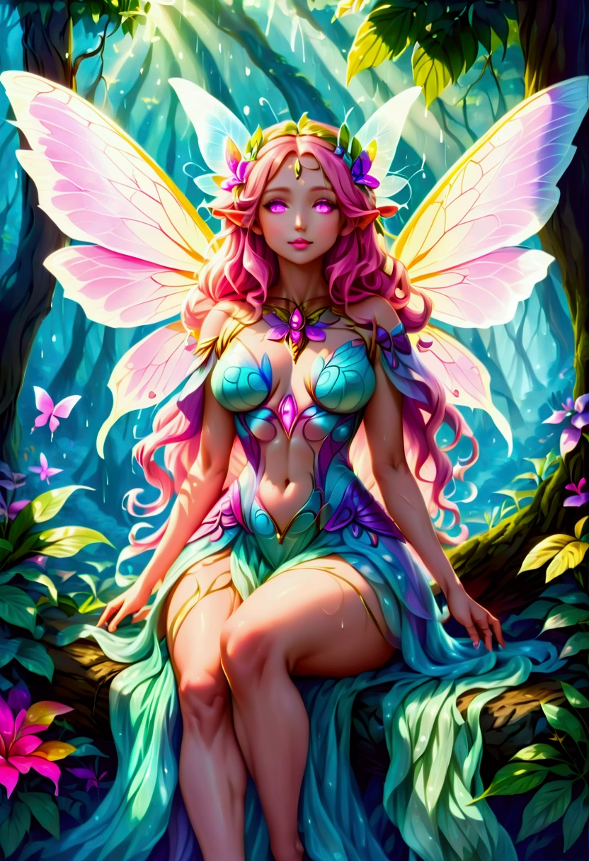 a picture of a jungle fairy, an extraordinary beautiful, elegant beauty, divine beautiful fairy, ((anatomically correct: 1.5)) spread butterfly wings, blue and purple wings, pink eyes, glowing eyes, (ultra detailed face: 1.2), best detailed face,  blond hair, rich hair, wavy hair, glamour dress, wild dress, dress decorated with jungle flowers,  sitting on massive heliconia tree the rain forest, sun rays coming through the trees, Hyperrealism style, vibrant, Ultra-high resolution, High Contrast, (masterpiece:1.5), highest quality, Best aesthetics), best details, best quality, highres, ultra wide angle, 16k, [ultra detailed], masterpiece, best quality, (extremely detailed) RAW, chumbasket art style, FairyTaleAI, fairy wings, 