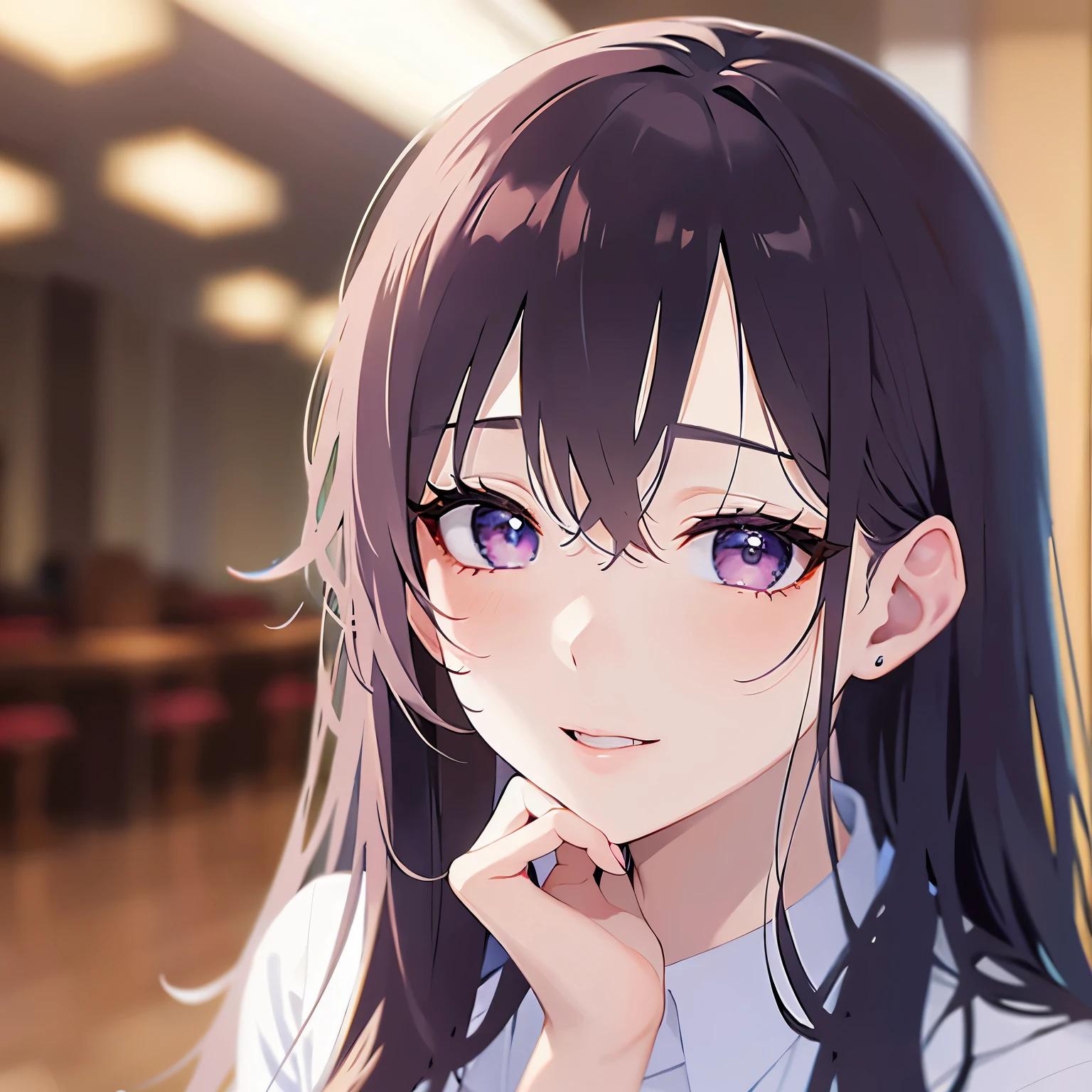 hand on own face, side angle, looking up, Upper Body, Realistic, real person, (pale skin: 1.2), RAW photo, photorealistic, shiny skin, shiny hair、(A 25-year-old woman with straight hair and bangs) and (medium hair) and (black hair) and (purple eyes) , (business suit:1.5) and (white collared shirt)、(sleepy:1.5), smile, (blush:1.3), The background is the interior of a restaurant at night.、Alone、Are standing