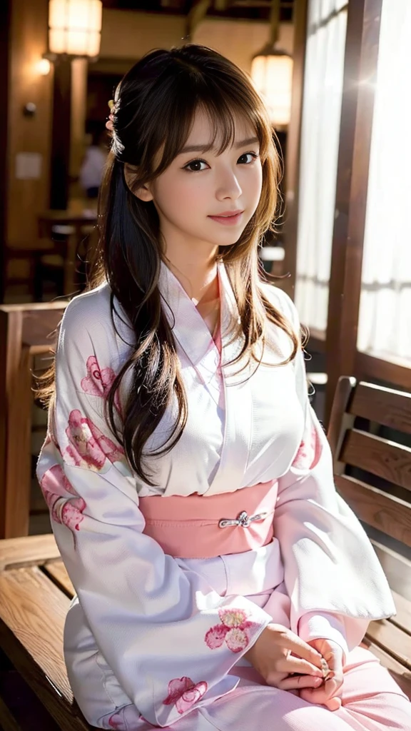 masterpiece, Highest quality,16K, Ultra-high resolution,The light and shadow of reality,Cinema Lenses,((Very skinny)),((Her waist is so slim and beautiful)),((High nose、Small Mouth)),((Clean and slim face line)),((Big dark eyes with long eyelashes)),((Very small face))((Very slim and beautiful arms)),((She is very slim and has a great figure)),((Pure white beautiful skin)),((Cute Japanese Girls)),(((Pink floral long sleeve kimono、Long sleeve yukata))),((Sitting on a bench in a stylish cafe)),(Beautiful Eyes:1.1),Reflecting clear eyes and a gentle smile,
