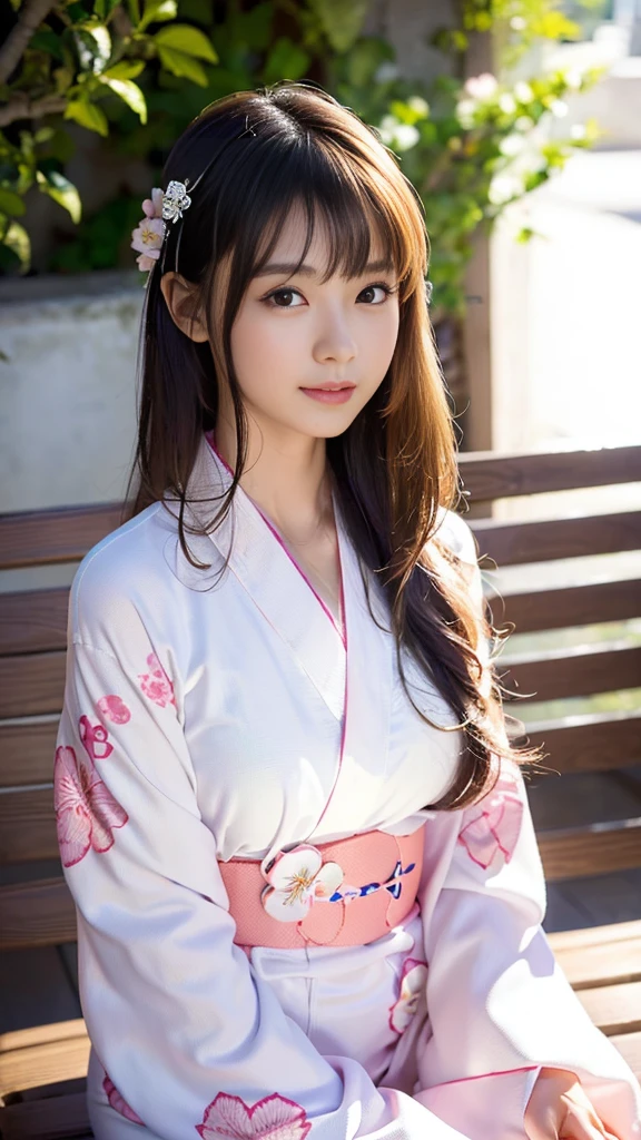 masterpiece, Highest quality,16K, Ultra-high resolution,The light and shadow of reality,Cinema Lenses,((Very skinny)),((Her waist is so slim and beautiful)),((High nose、Small Mouth)),((Clean and slim face line)),((Big dark eyes with long eyelashes)),((Very small face))((Very slim and beautiful arms)),((She is very slim and has a great figure)),((Pure white beautiful skin)),((Cute Japanese Girls)),(((Pink floral long sleeve kimono、Long sleeve yukata))),((Sitting on a bench in a stylish cafe)),(Beautiful Eyes:1.1),Reflecting clear eyes and a gentle smile,