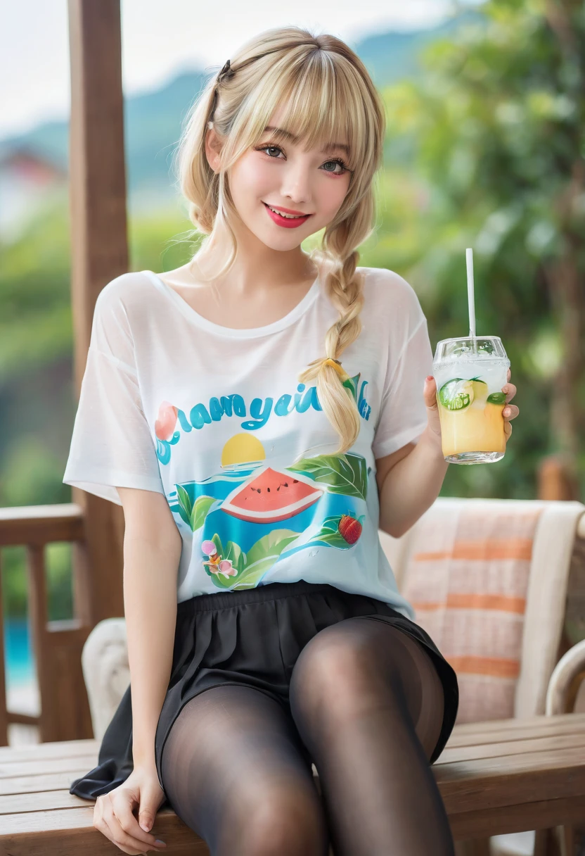 masterpiece, best quality, extremely detailed, Female, beauty, gorgeous lips, blonde hair, asymmetrical bangs, kawaii, happy drink, super loose fit, black pantyhose, sitting, relaxed, casual, summer,
