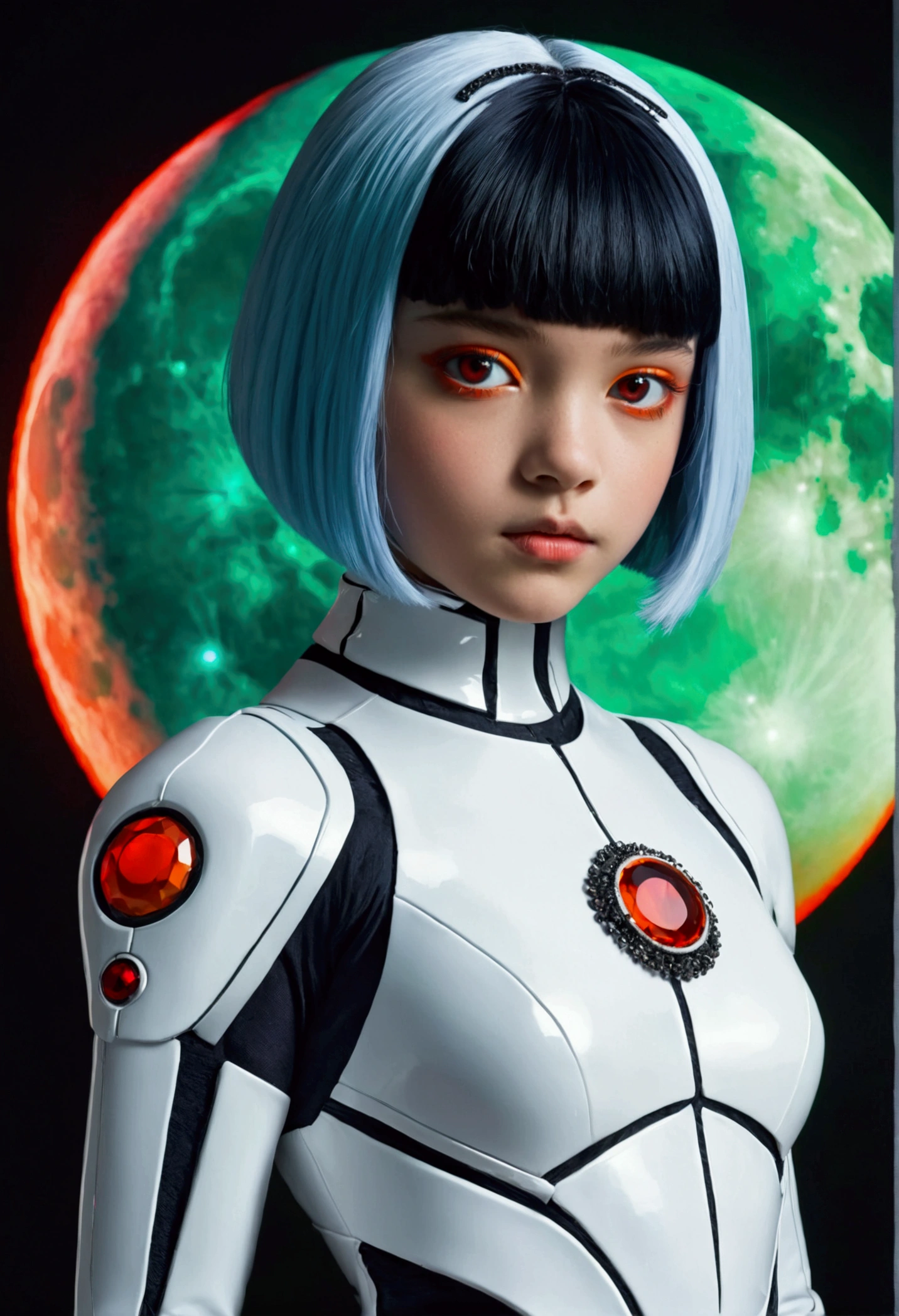 A young girl with straight blue bob-cut hair and red eyes, wearing a white futuristic suit with black, green, and orange accents. She stands in a neutral pose against a large light blue full moon background. The suit is form-fitting and has intricate details, including a red gem on the chest and various colored bands on the arms and waist.