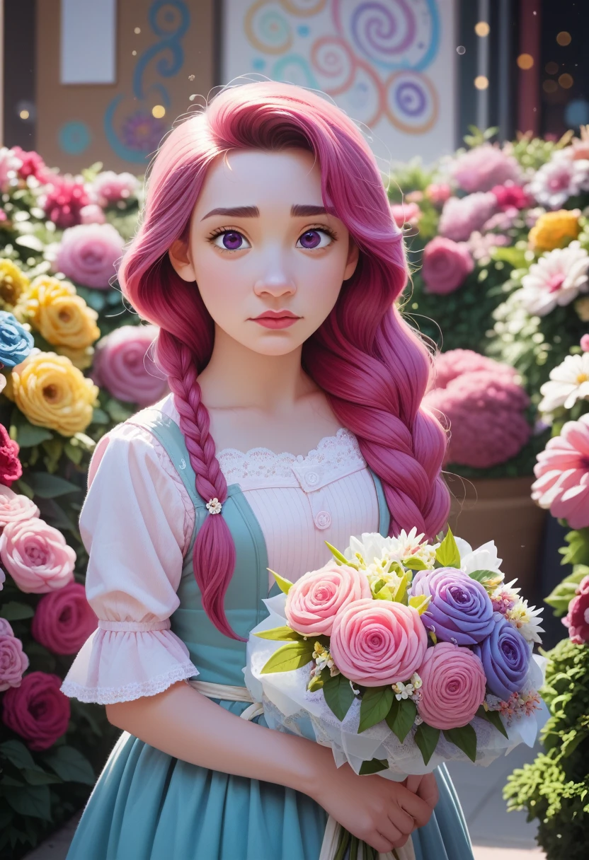 (ultra-Detailed background, Detailed background), absurd, high resolution, Extremely detailed, Extremely detailed, 1 Girl, Yae Yoshiko, Pink Hair, Purple Eyes, (A bouquet of flowers:1.3), (tangled:1.2), (Geometric:1.2),(rich and colorful),