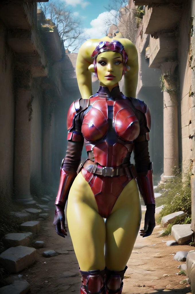 a ((fall body)) (((hera syndulla))) ((green skin )) ((female twi'lek ))mandalorian,walking on snow coverd ruins , ((green fire eyes )) , beautiful detailed eyes, beautiful detailed lips, extremely detailed face, long eyelashes, mandalorian armor, sci-fi, cinematic lighting, dramatic, epic, intricate details, hyper-realistic, 8k, high-quality, photorealistic
