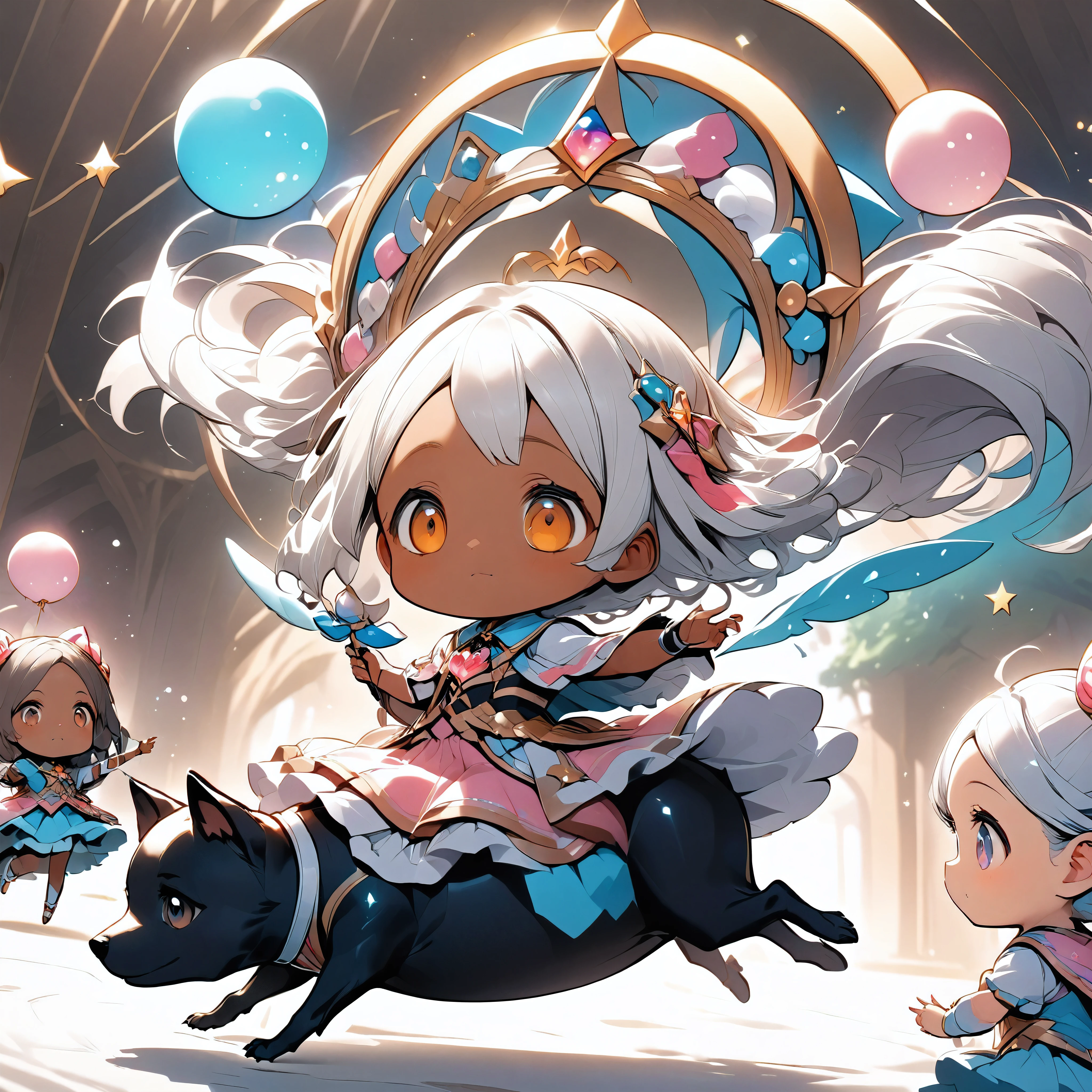 Two girls riding on a jumping puppy, Detailed description of the first person, dark skinned female, Cute shy, hzk, BREAK Detailed explanation of the second person, Magical Girl, curious girl, ARW,