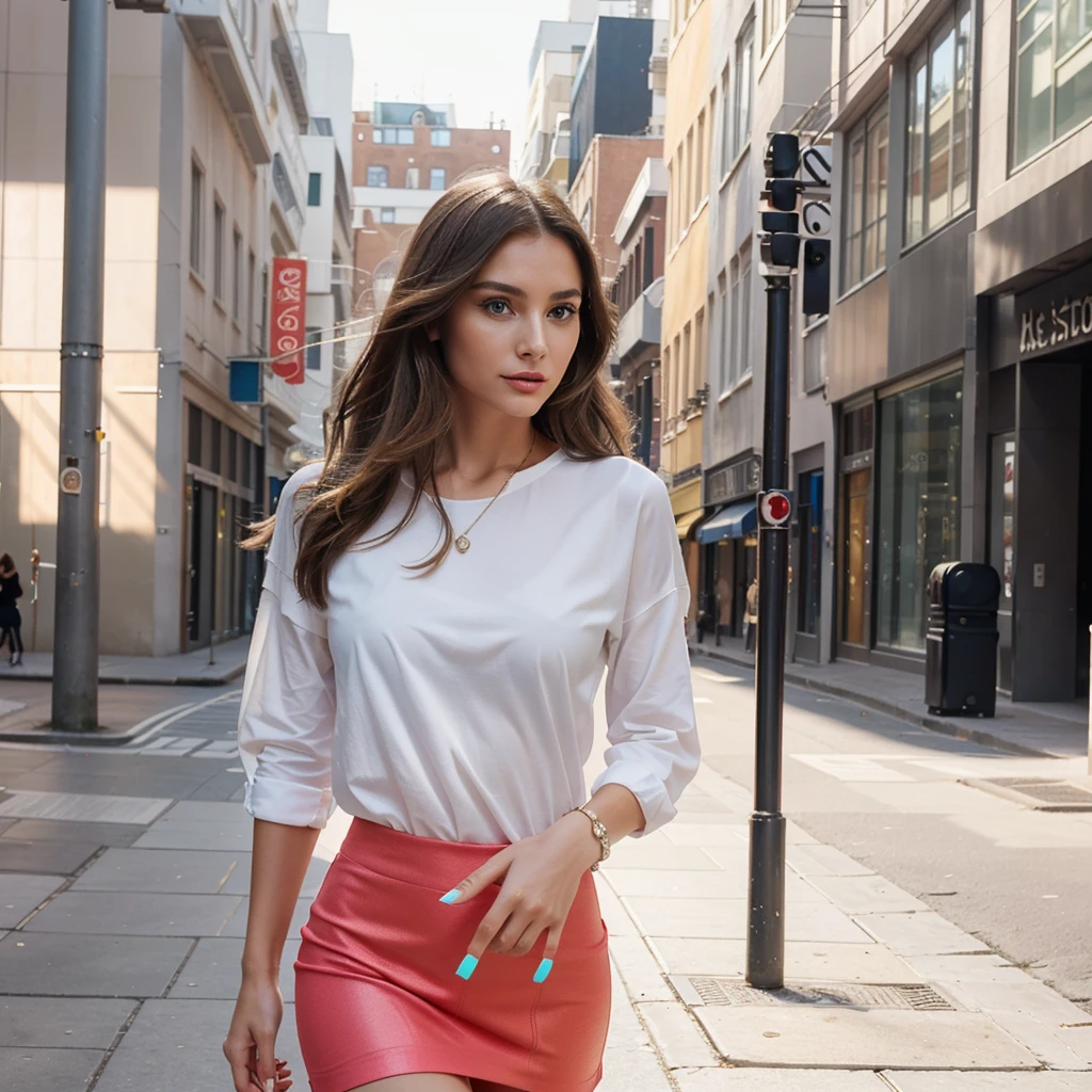 FelicityJ_solo_v1,
in a shirt, A pretty woman, perfect hair, Sophisticated and chic clothing., with elegant and contemporary designs, safe and balanced pose, medium shot, (Digital, vibrant and modern colors, a touch of subtle filters), (Trendy urban environment, with fashionable city streets, elegant places, and a sense of glamor and sophistication), Bright and expressive eyes, a confident and radiant expression, bright and vibrant lips, (Captivating look: 1.1), fashionable and eye-catching accessories, (fashion shot: 1.3), (Bright and vibrant lighting, highlighting the modern and glamorous atmosphere with a combination of natural and studio lights.),