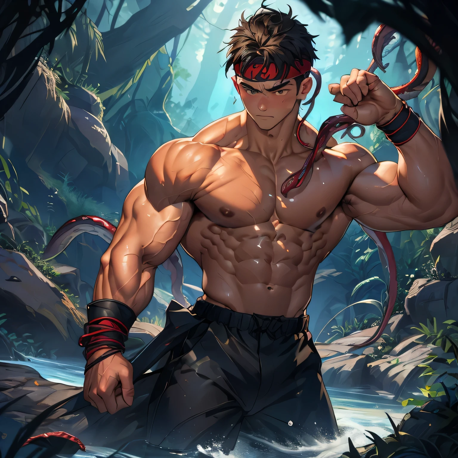 ((masterpiece)), ((best quality)), (ultra-detailed), (((((in the cave, deep night, monster, many tentacles wrap arotnd the body, many tentacles bound arms, bound by tentacles))))), (8k, ultra-detailed,  boy, worm eyes, black background), Young boy, muscler, Shirtless, ((((solo, fullbodyesbian, flesh boy, tough boy, reliable boy, developed body, kung fu fighter, blue aura effect, water particles, holding energy ball)))), (Dark Short straight hair, ((almost completely shaved hair)), under cut, brown eyes), (red headband, ((black wristband)), leather belt), Vivid colors, ((hot Abs, abs!, big abs, big breast, chest!, muscler upper arms)), muscler!, muscler body, detailed face, detailed muscle, (((rippling muscles)))