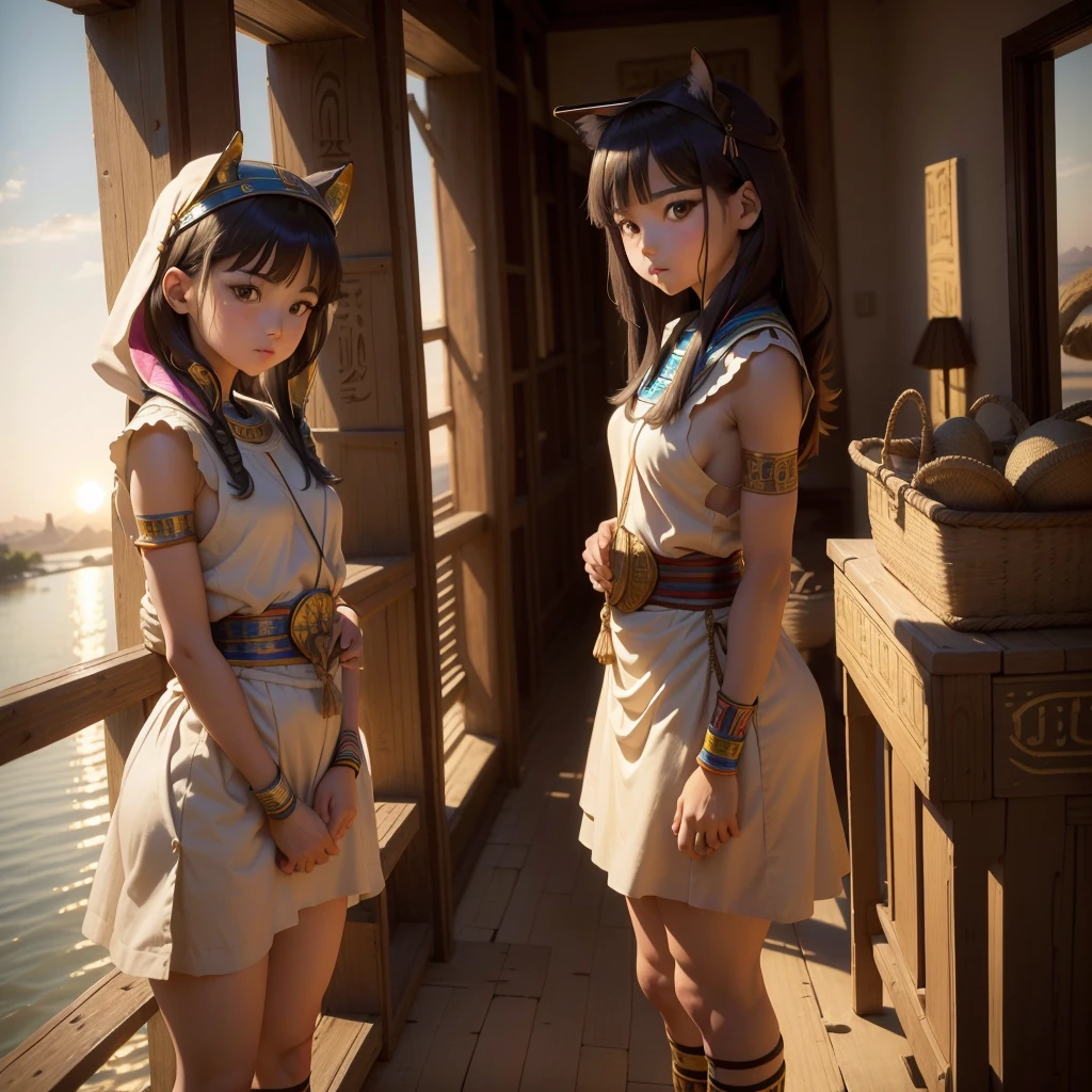 かわいいAncient Egyptの15歳の女の子、Ancient Egypt、View of the Nile、A colorful view of the whole、whole body、Low - Angle、Standing posture、Reeds are growing、Ancient Egyptの船、Ancient Egyptの風景、Sunset、