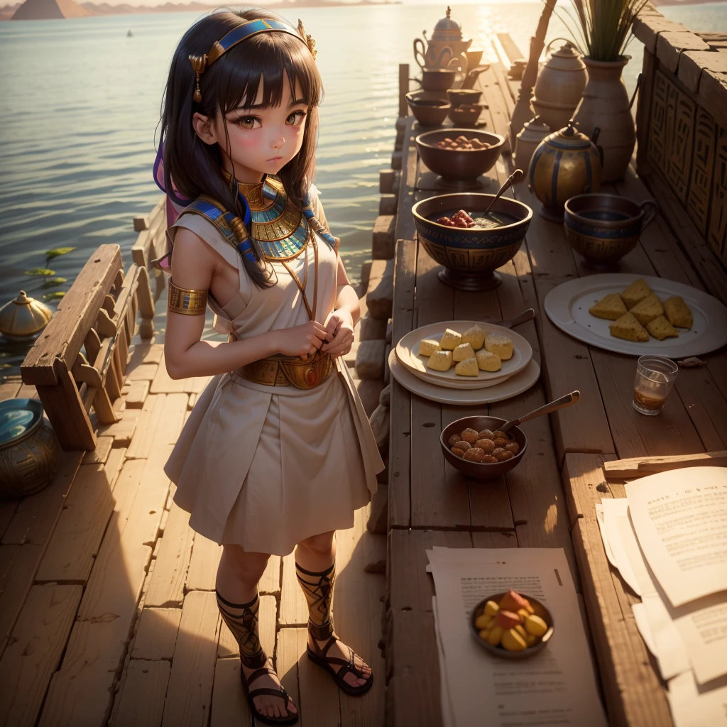 かわいいAncient Egyptの15歳の女の子、Ancient Egypt、View of the Nile、A colorful view of the whole、whole body、Low - Angle、Standing posture、Reeds are growing、Ancient Egyptの船、Ancient Egyptの風景、Sunset、