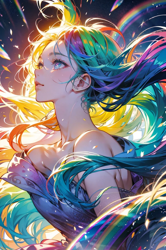 Colorful hair and rainbow eyes,Beautiful as a fairy,A melancholic look that stirs affection,Floating Hair,Particles of light,Glare,Vivid,Fancy,dream-like,Gaze, High resolution, masterpiece, Highest quality, High detail,