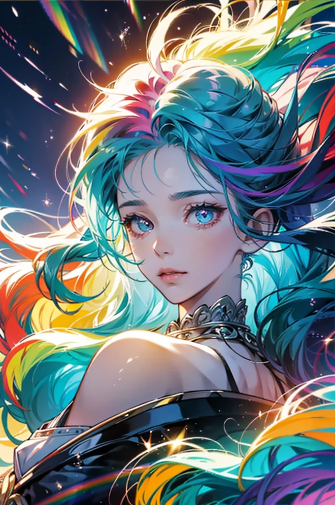 Colorful hair and rainbow eyes,Beautiful as a fairy,A melancholic look that stirs affection,Floating Hair,Particles of light,Glare,Vivid,Fancy,dream-like,Gaze, High resolution, masterpiece, Highest quality, High detail, 