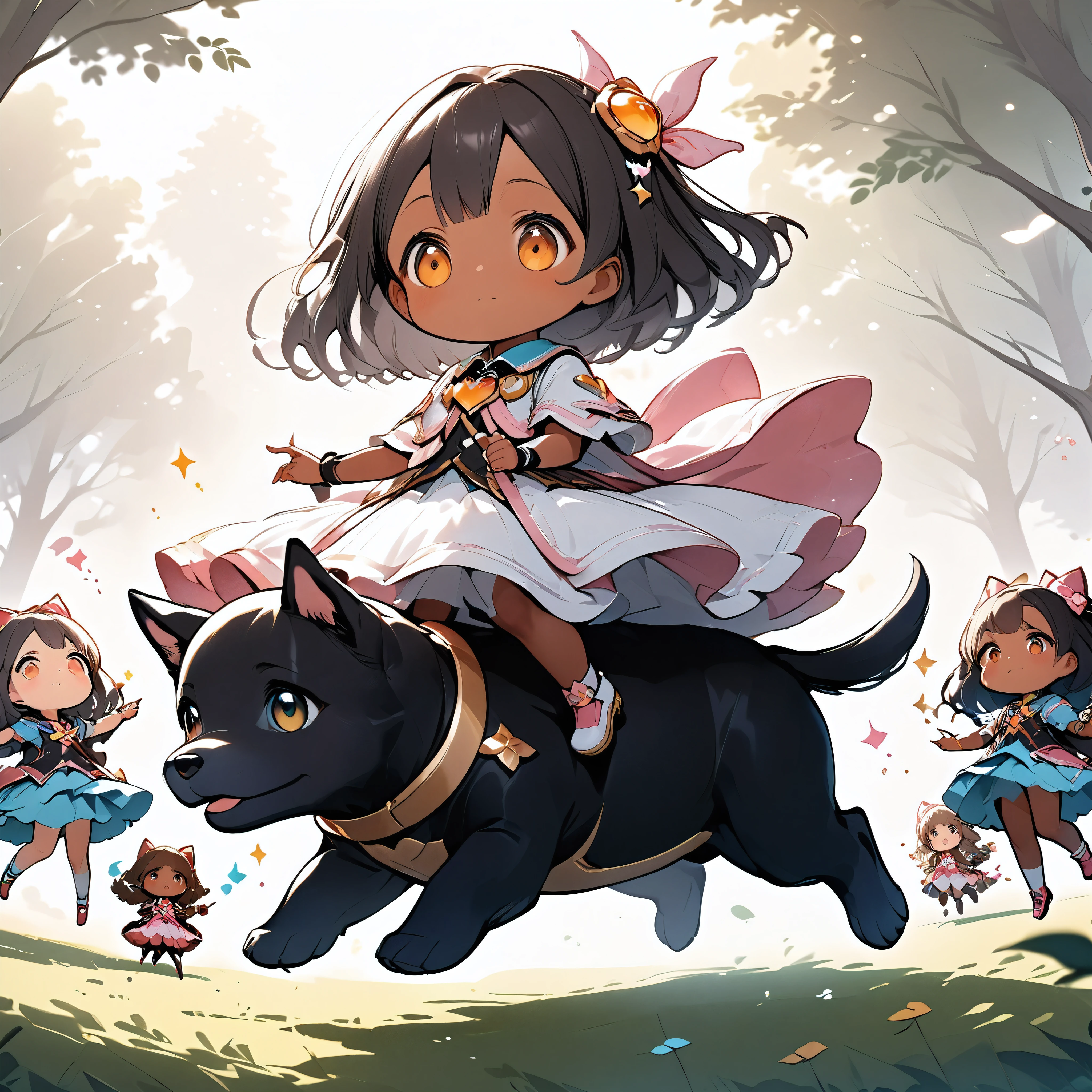 Two girls riding on a jumping puppy, Detailed description of the first person, dark skinned female, Cute shy, hzk, BREAK Detailed explanation of the second person, Magical Girl, curious girl, ARW,