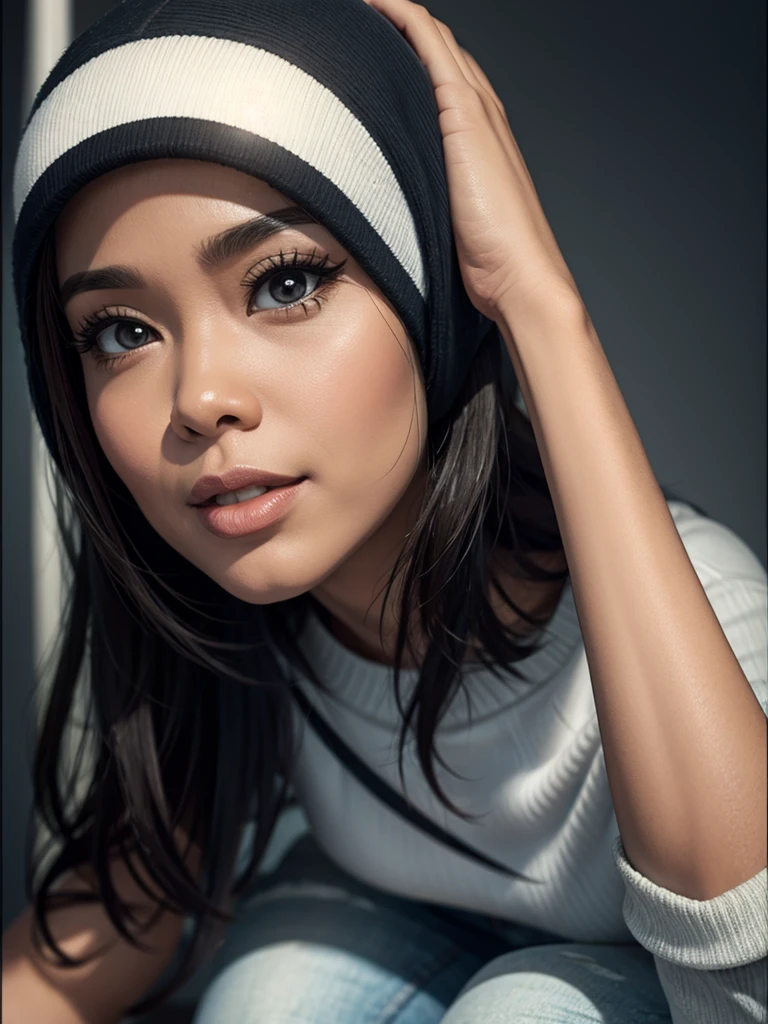 Realistic 4D caricature with a big head of an Indonesian woman aged 40yo,thin body, wearing a sweater, jeans, sneakers, sitting in floor with his hand on his chin, black and silver gradient background,Pixar style,3D rendering
