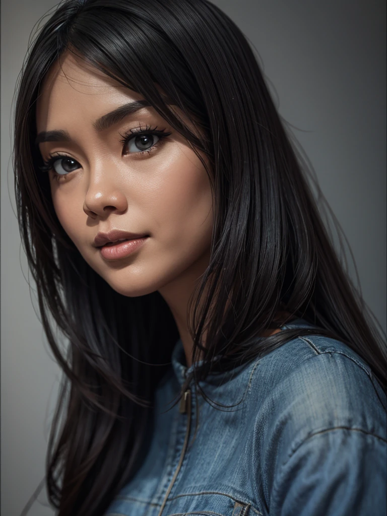 Realistic 4D caricature with a big head of an Indonesian woman aged 40yo,thin body, wearing a sweater, jeans, sneakers, sitting in floor with his hand on his chin, black and silver gradient background,Pixar style,3D rendering