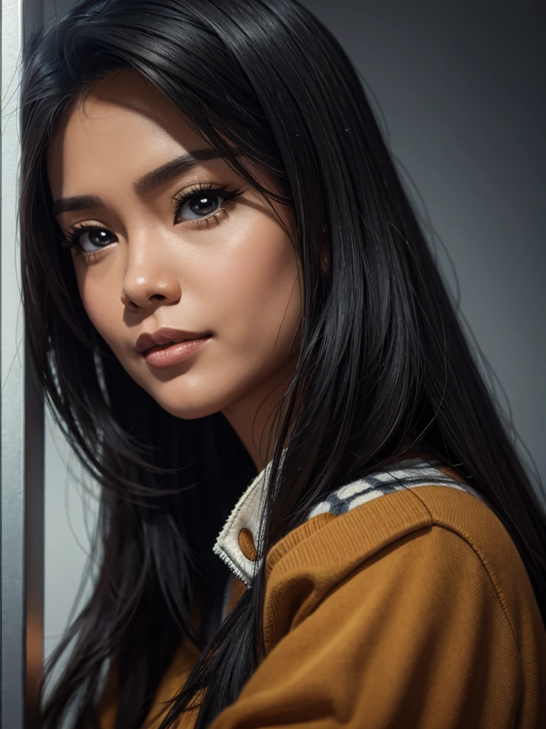 Realistic 4D caricature with a big head of an Indonesian woman aged 40yo,thin body, wearing a sweater, jeans, sneakers, sitting in floor with his hand on his chin, black and silver gradient background,Pixar style,3D rendering