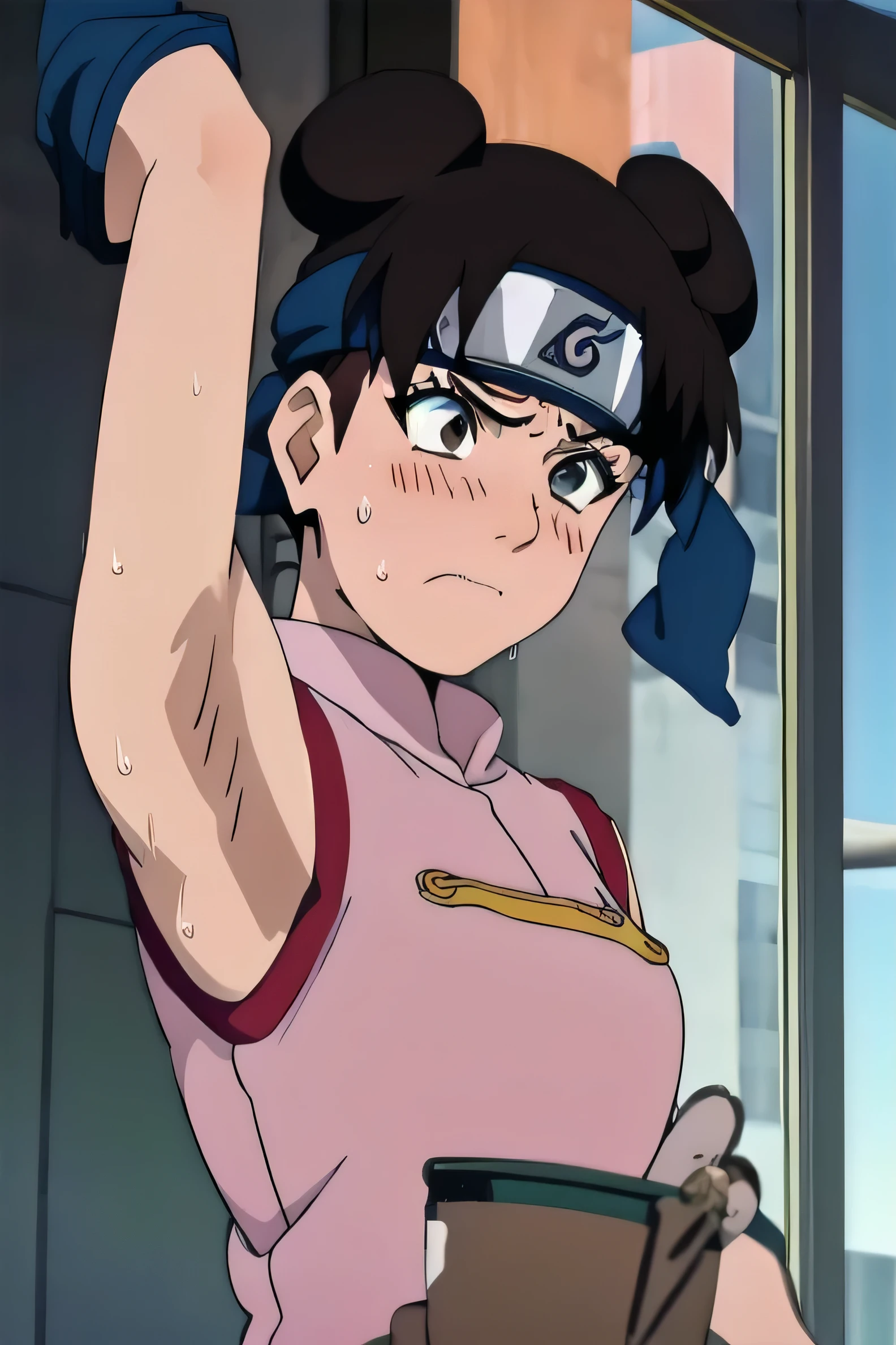 Tenten,solo,armpits,wet armpits, showing wet armpits, armpit,armpits,sweat,sweaty,sweaty armpits,awesome armpits,tired,exhausted,arms up,arm warmers,sleeveless, moderately sized breasts