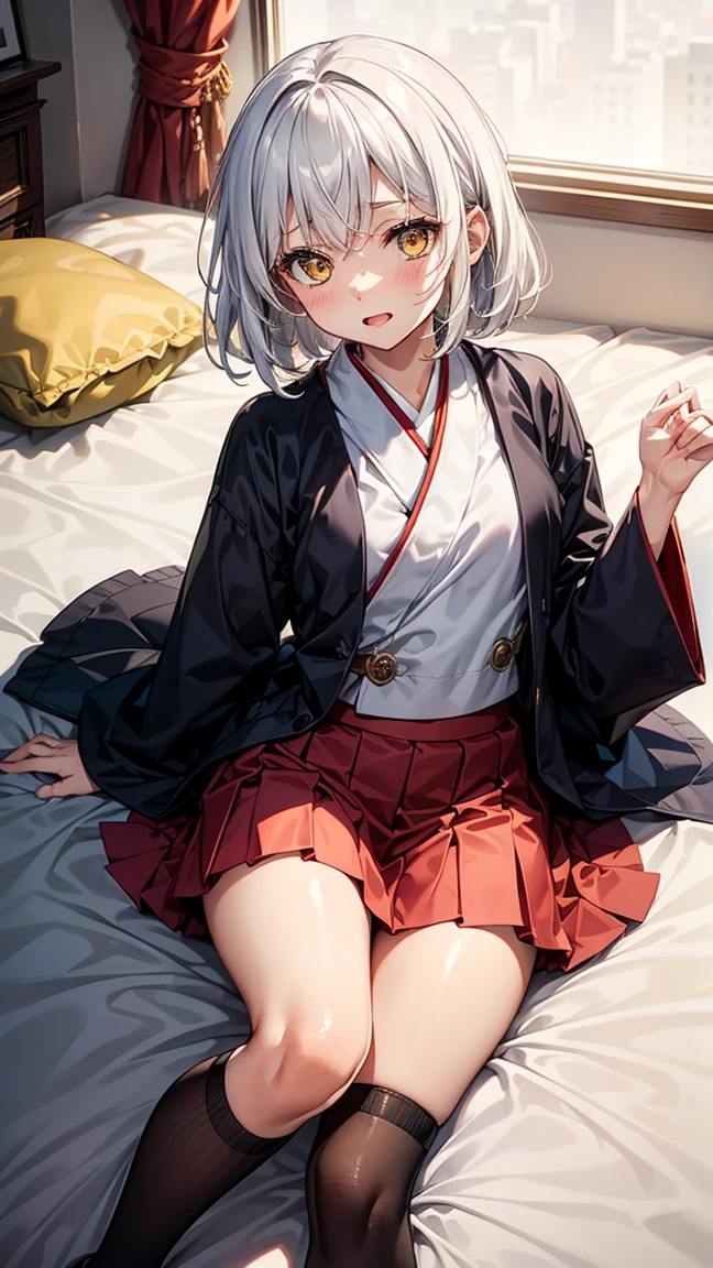 Short milky white hair，yellow  eyes，lovely expression，a shy expression， Japanese uniform top，Red fluffy skirt，blackstockings，Lie down on the soft bed，tilt your head，baki，Open your little mouth