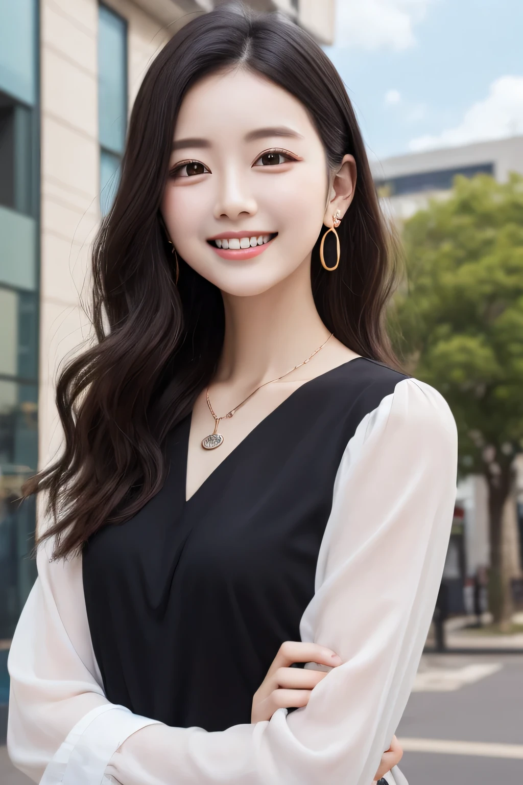 Highest quality, ,smile、Beautiful teeth alignment、Black Hair、Wavy Hair、Long sleeve blouse、ear piercing、necklace, , Face Focus、The background is the building&#39;s corridor.