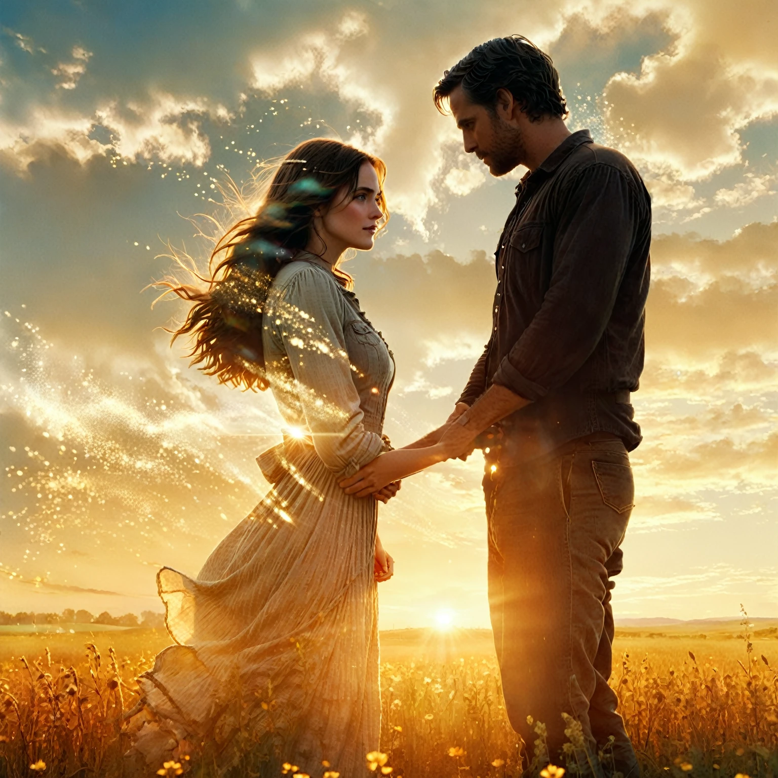 there is a man and a woman standing in a field, the most beautiful scene, wonderful scene, movie promotional image, cinematic movie image, warm beautiful scene, beautiful scene, the endless, 3d movie still, film promotional still, hd movie photo, double exposure of love, magical scene, cinematic movie still, movie film still, mark brooks and brad kunkle