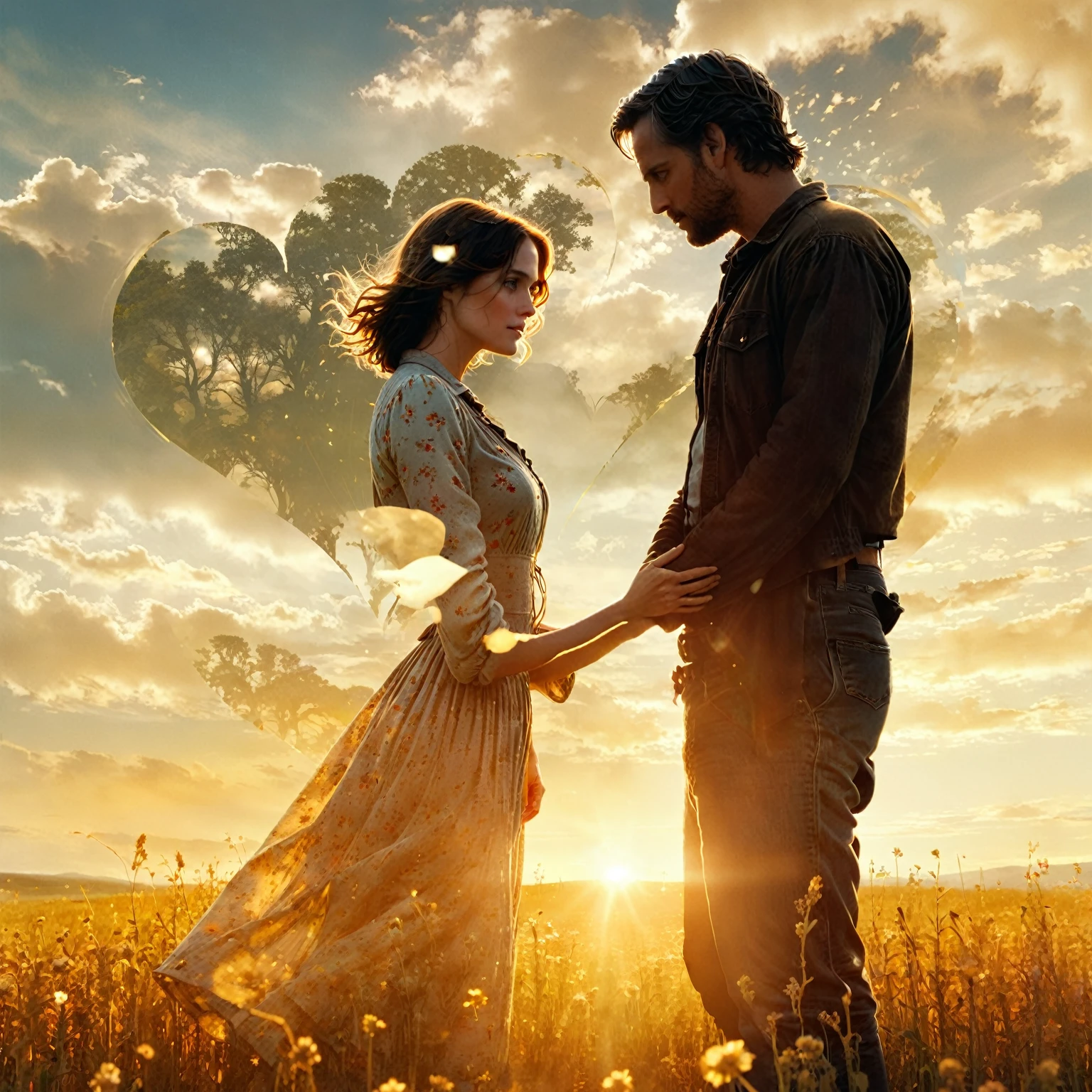 there is a man and a woman standing in a field, the most beautiful scene, wonderful scene, movie promotional image, cinematic movie image, warm beautiful scene, beautiful scene, the endless, 3d movie still, film promotional still, hd movie photo, double exposure of love, magical scene, cinematic movie still, movie film still, mark brooks and brad kunkle