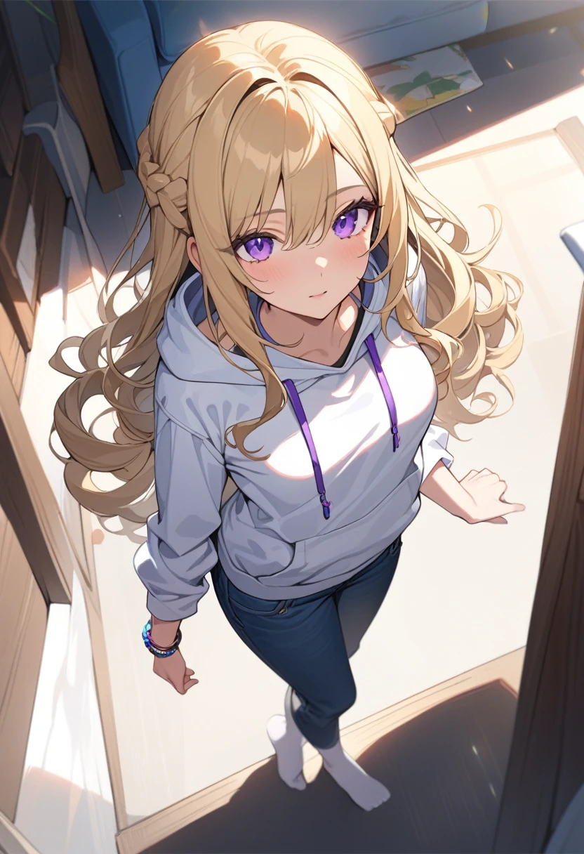 masterpiece, best quality, extremely detailed, ultra detailed, flat anime, 2D, 1girl, (young :1.2),blonde hair, (semi-long hair:1.2), curly hair, french braid, medium breasts, purple eyes, tsurime, height 1.7meters, white hooded sweatshirt, jeans,bracelet, long sleeves,socks, full body, portrait, Top Light, spotlight
, , very interesting, summer, livingroom, standing, from above